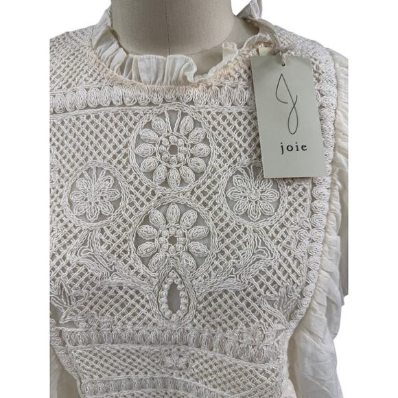 NWT Joie Ivory Embroidered Ruffle Blouse M Boho Luxe Romantic Messy Coquette - Picture 2 of 4